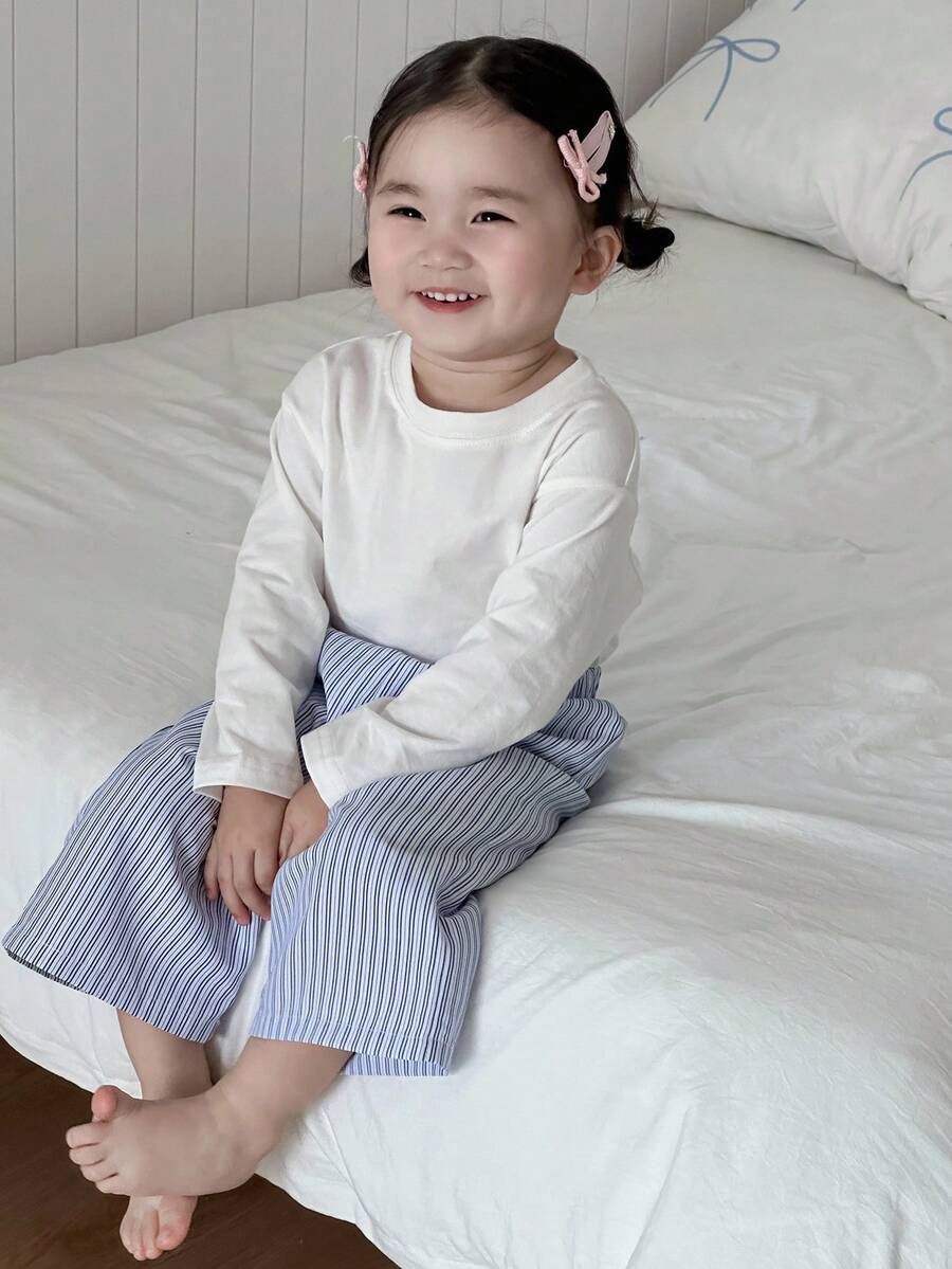 DAZY 女童休闲圆领T恤和条纹宽松裤家居服套装 - 藍白色 - 查看 1