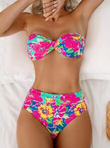 Swim Vcay 2 Pieces 2025 Floral Print Halter Crop Top & High Waist Shorts Bikini Set Set (Reversible And Multi-Wear), Summer Beach Vacation - Multicolor - View 4