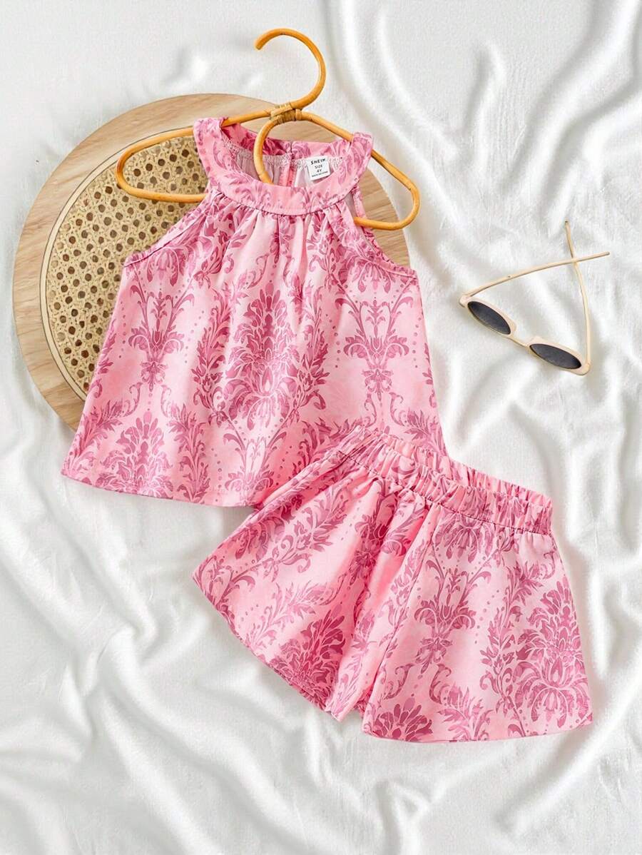 SHEIN Vintaside Kids 2pcs/Set Young Girl Summer New Fashion Casual Vintage Breathable Loose Digital Print Sleeveless Top + Shorts Set