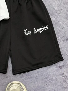 SHEIN 2pcs/Set Tween Boy Summer Casual Graffiti Letter Printed Short Sleeve Round Neck T-Shirt And Elastic Waist Shorts Set, Suitable For Autumn, Spring, Summer, Outdoor, School, Street Shooting, Party And Leisure At Home - Black and White - View 7