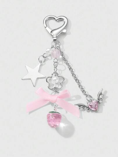 Kawaii 1 pieza Collar con colgante de cadena plateada con perla, decorado con estrellas de rhinestone, corazón, flor, lazo y fresa, versátil y elegante, adecuado para uso diario de mujeres y niñas o como regalo de festival