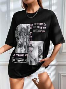 SHEIN EZwear 建筑与口号图案落肩 T 恤 BE TRUE OF BE TRUE OF BE TRUE OF - 黑色 - 查看 5