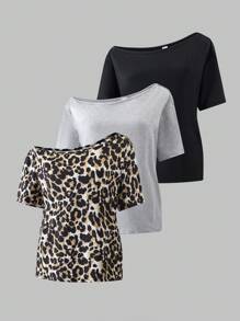 Casual All-Match Versatile Sporty Cropped Shoulder Loose Short Sleeve T-Shirt, Leopard Print Assorted Pack, For Teenage Girls