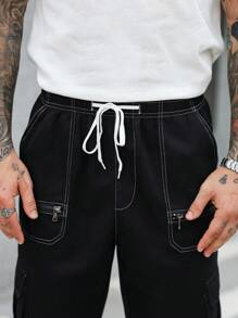 Manfinity Roughcore Men's Solid Color Drawstring Ankle Casual Cargo Pants - Black - View 3