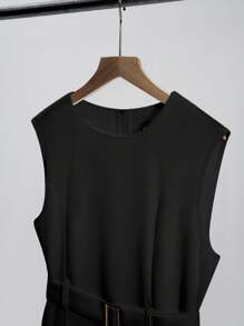 Franclia 法式优雅简约百搭日常圆领无袖收腰褶裥裙摆白色连衣裙，无弹力，适合女士春夏穿着，也适合大学校园穿着。 - 黑色 - 查看 4