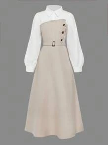 青少年女孩优雅长袖衬衫领连衣裙，二合一设计，非常适合春季、秋季和冬季的休闲和通勤穿着