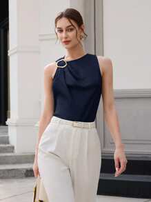 BizChic Navy Blue,Elegant,Office,Summer Shoulder Ruched Metal Decor Round Neck Sleeveless Satin Top,Urban Commute Versatile 90s Retro Wedding Guest Party - Navy Blue - View 1