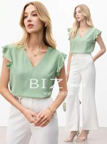 BizChic 女士休闲 V 领荷叶边衬衫，优雅商务休闲衬衫，时尚办公室上衣 - 綠色 - 查看 9