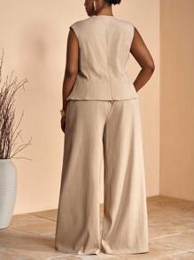 Veslaya 2 Piezas Set Talla grande: Top cruzado sin mangas con bajo desigual y pantalón ancho de cintura alta, elegante para fiesta, oficina, noche, boda, cita, primavera/verano 2025