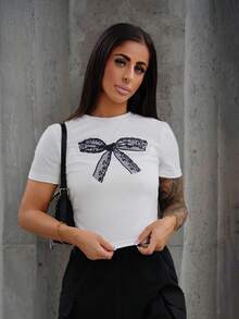 SAYEHFBABY Sommer Lässig schwarzes Spitzen Schmetterling Muster weiß Rundausschnitt Kurzarm Slim Fit Damen T-Shirt