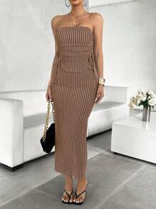 Islaluna Conjunto de 2 peças Top Cropped e Saia Listrada, Casual/Escritório, para Mulheres no Verão