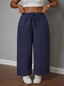 SHEIN PETITE CURVE Plus Size Solid Color Tie Front Pocket Simple Casual Pants, Daily Casual Wear