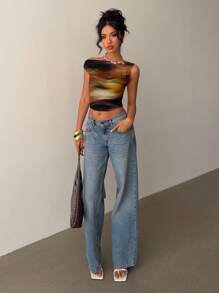 Siren Gaze 棕色晕染渐变图案优雅浪漫风格女式短袖上衣，适合夏季休闲、海滩、音乐节、波西米亚风、度假氛围女式短款上衣短款上衣女式图案单肩上衣短款上衣抽象印花短款上衣适合外出 - 彩色 - 查看 4