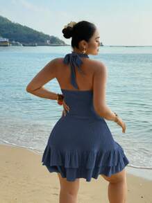 Flirla 大码女式纯色时尚露背性感深 V 领长裙