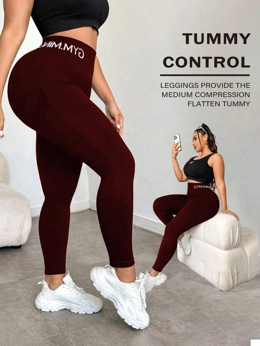 Slayform Women's Plus Size Burgundy Skinny High-Waist Leggings With Letter Detail For Workouts Tummy Control Leggings Plus Size Gym Leggings High Waist Compression Leggings Workout Leggings For Women Gym Leggings Plus Size Tummy Control Yoga Pants - Burgundy - View 1