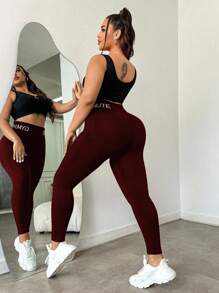 Slayform Women's Plus Size Burgundy Skinny High-Waist Leggings With Letter Detail For Workouts Tummy Control Leggings Plus Size Gym Leggings High Waist Compression Leggings Workout Leggings For Women Gym Leggings Plus Size Tummy Control Yoga Pants - Burgundy - View 4