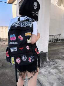 ROMWE Anime Punk Academy Style Graffiti Multi-Patch Letter Cherry Angel Arrow Target Embroidery Thorn Print Strap Backpack, Unisex Large Capacity Commuter Bag, School Backpack