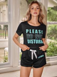 SHEIN Lowkey Lull Women's Letter Print Short Sleeve & Shorts Pajama Set