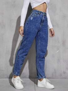 SHEIN Cottnline Women's Light Wash Ripped Tapered Casual Jeans - Medium Wash - View 5