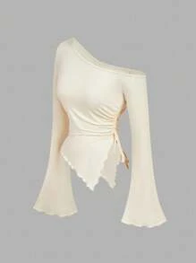 SHEIN MOD 女式杏色抽绳不对称下摆喇叭袖 T 恤，露肩 T 恤，秋季女装，舒适 T 恤 - 彩色 - 查看 7