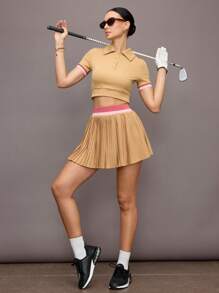 Activina 女士时尚撞色纽扣半襟短袖运动 Polo 衫 - 卡其色 - 查看 6