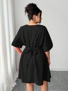 Elenzga 女士休闲简约 V 领收腰短款红色优雅晚礼服，夏季 - 黑色 - 查看 2