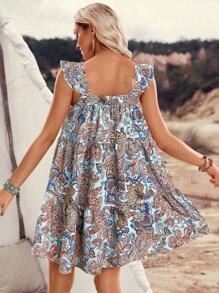LanaWest Women's Multi-Color Patchwork Bohemian Print Spaghetti Strap Cap Sleeve Casual Dress - Blue - View 2