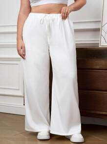 SHEIN Tall CURVE 大码纯色抽绳腰袋休闲宽松裤 - 白色 - 查看 4