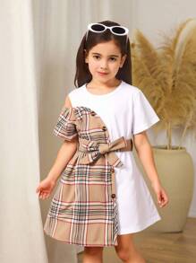 SHEIN 年轻女孩不对称格子拼接短袖休闲连衣裙，度假，夏季，旅行