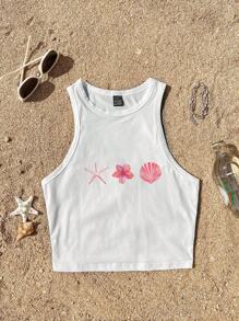 Attitoon 休闲简约粉色海洋元素海星热带花卉贝壳图案圆领修身女式背心，适合夏季度假，含棉量 34% - 白色 - 查看 3