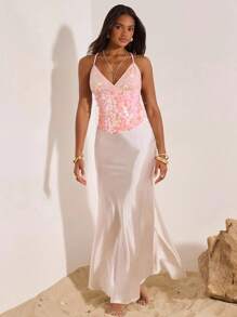 Opulessa Áo cổ yếm dệt kim sa trơn màu cho tiệc sinh nhật bãi biển mùa hè dành cho nữ, mùa thu, thời trang đường phố Y2k, hòa nhạc đồng quê, văn phòng, đi chơi đêm, đêm hẹn hò, áo kim sa màu hồng sân bay - Hồng - Xem 6