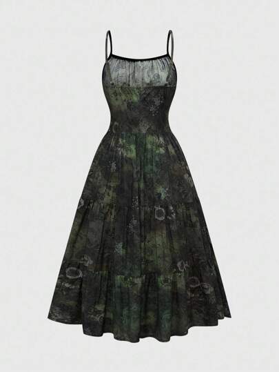 Fairycore Vintage Fairycore Tie-Dye Print Sleeveless Dress, Autumn/Spring