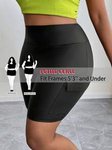 SHEIN PETITE CURVE Pantalones informales de calle, con bolsillos tridimensionales, cintura ancha, ajuste ceñido, pantalones de ciclismo, shorts elásticos de cuero tejido para mujeres, para el verano, adecuados para personas de estatura talla grande baja - Negro - Ver 1