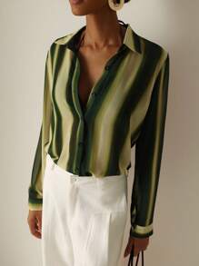 Vesra Blouse longue à manches longues avec boutons et imprimé rayures en mousseline de soie, style décontracté pour femmes en été