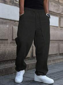 PAVTROS 青年男士拼接街头风格纯色抽绳腰部宽松休闲运动裤 - 黑色 - 查看 4