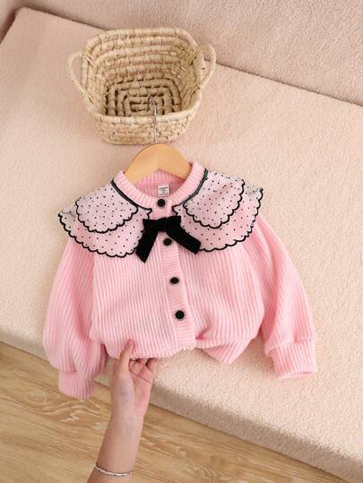 Souflis Souflis Young Girl Sweet & Cute Pink Long Sleeve Polka Dot Mesh Ruffle Collar Jacket With Black Velvet Ribbon Bow And Gold-Edged Buttons, Comfortable Single-Piece, Suitable For Spring/Autumn Back-To-School Season And All Year