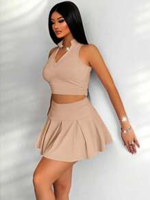 Zolique Solid Color Zipper Half Front Fashionable Tank Top And Solid Color Pleated Skirt Pants Set, Academic Sexy And Playful Style - Khaki - View 3