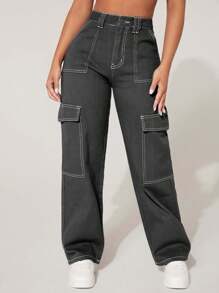 SHEIN PETITE Pantalones vaqueros de carga de pierna recta lavados informales para mujeres