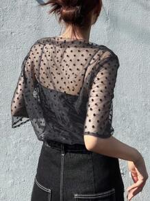 FRIFUL Women's Oblique Shoulder Draped Neck Polka Dot Flocked Body-Fitting Short Sleeve Casual Lightweight Blouse, Summer Wear Sheer Top See Through Top Mesh Shirt Polka Dot Sheer Top Sheer Blouse