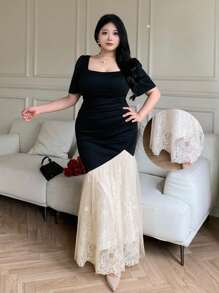 Modelyn Vestido elegante de talla grande con contrastes de color y patchwork de encaje - Negro - Ver 9