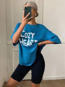 DAZY 2pcs Women Pajamas Set, Loose Short Sleeve Top And Shorts With English Print - Blue - View 3