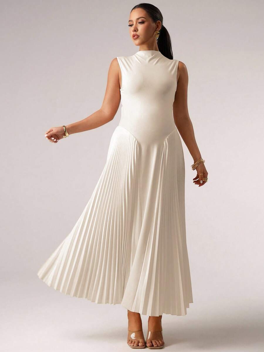 MaterniChic 孕妇纯色褶边无袖休闲连衣裙婴儿洗礼夏季服装孕妇装 - 杏色 - 查看 1