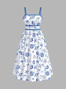 SHEIN MOD Váy midi dây lượn sóng in hình sinh vật biển xanh trắng cỡ lớn. Váy mùa hè cho nữ, Váy sinh nhật cho nữ, Váy cho nữ - Xanh và trắng - Xem 4