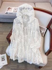 DreamSkyne 大码女式蕾丝边长袖休闲优雅甜美度假服装，夏季女士沙滩装 - 杏色 - 查看 1