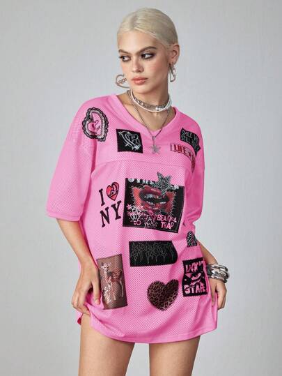 ROMWE Avant Camiseta holgada con cuello en V y estampado sexy de mujer, estilo Y2K