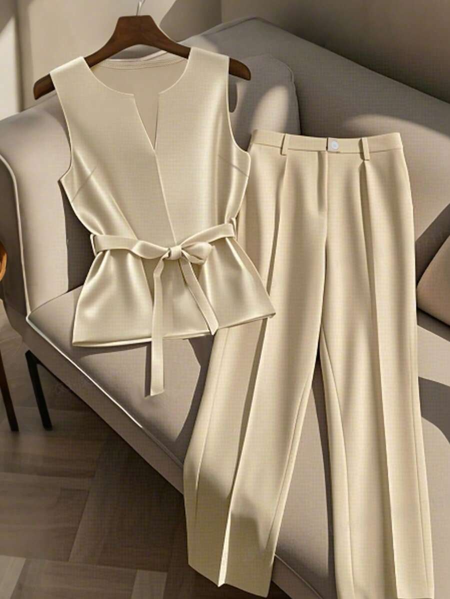 Franclia Women Commute Minimalist Sleeveless Waist Cinched Waist Elegant 2 Pieces Set