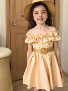 Souflis Souflis Vestido De Tirantes Sólido Con Volantes Y Fuera Del Hombro Para Niñas Pequeñas - Caqui - Ver 1