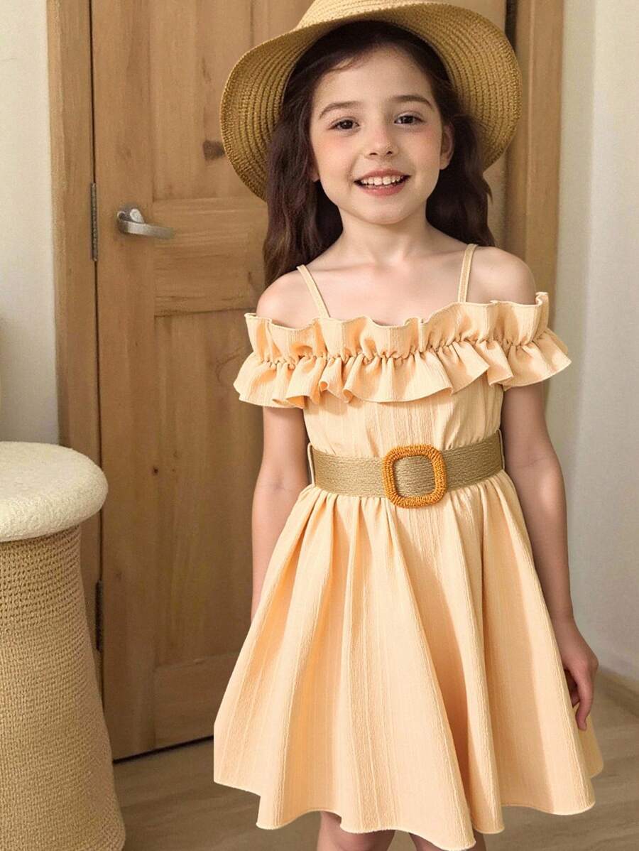 Souflis Souflis Vestido De Tirantes Sólido Con Volantes Y Fuera Del Hombro Para Niñas Pequeñas - Caqui - Ver 1