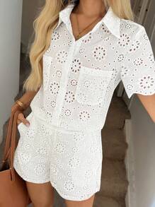 Easowa 2pcs/Set Women Embroidered Hollow-Out Texture Fabric Open Collar Shirt And Pocket Decorated Shorts Casual/Vacation Elegant Outfit - White - View 5