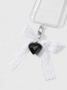 ROMWE Kawaii 1pc Delicate Gothic Style Black Resin Cherry, White Mesh Bow Braided Cord Acrylic Heart DIY Keychain, Phone Charm, Bag Decor, Suitable For Women, Girls, Daily Wear Or Gifts